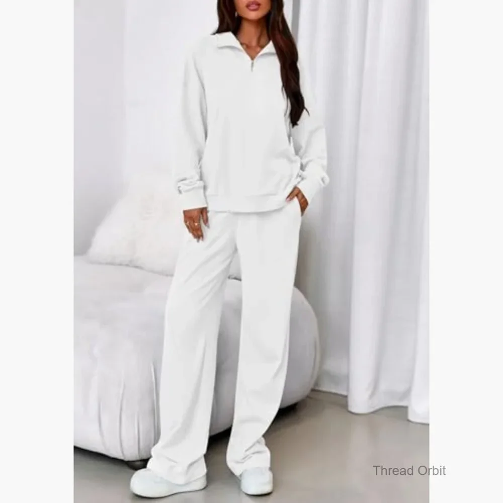 Loose Fit Quarter Zip Sweatshirt and Straight Leg Pants Set - Picture 2 of 7